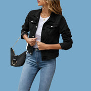 Women's Short Slim Denim Jacket -Casual Fall/Winter Jean Coat with Patch Details - JVMCL