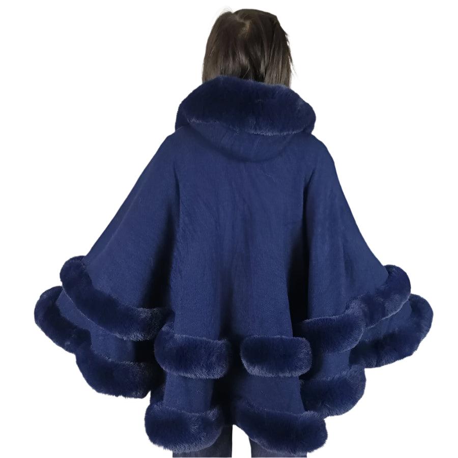 Double Layer Luxury Faux Rex Rabbit Fur Hooded Cape Knit Poncho Overcoat Wraps - JVMCL