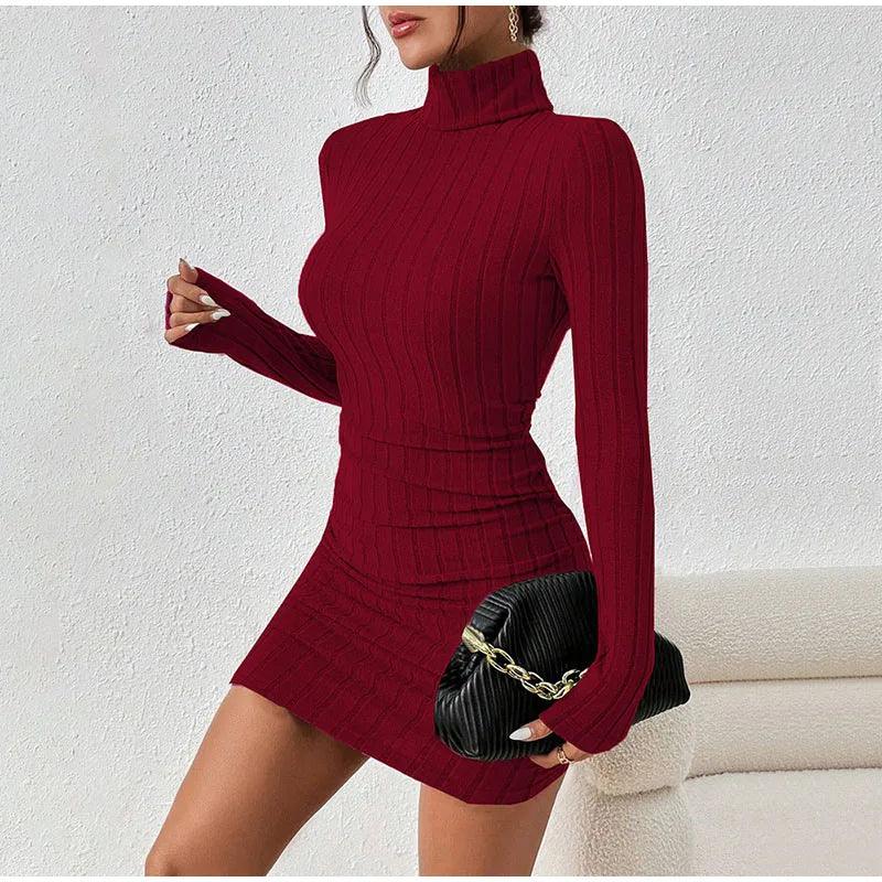 Sexy Slim-Fit Long Sleeve High Street Knitted Turtleneck Bodycon Mini Dress - JVMCL