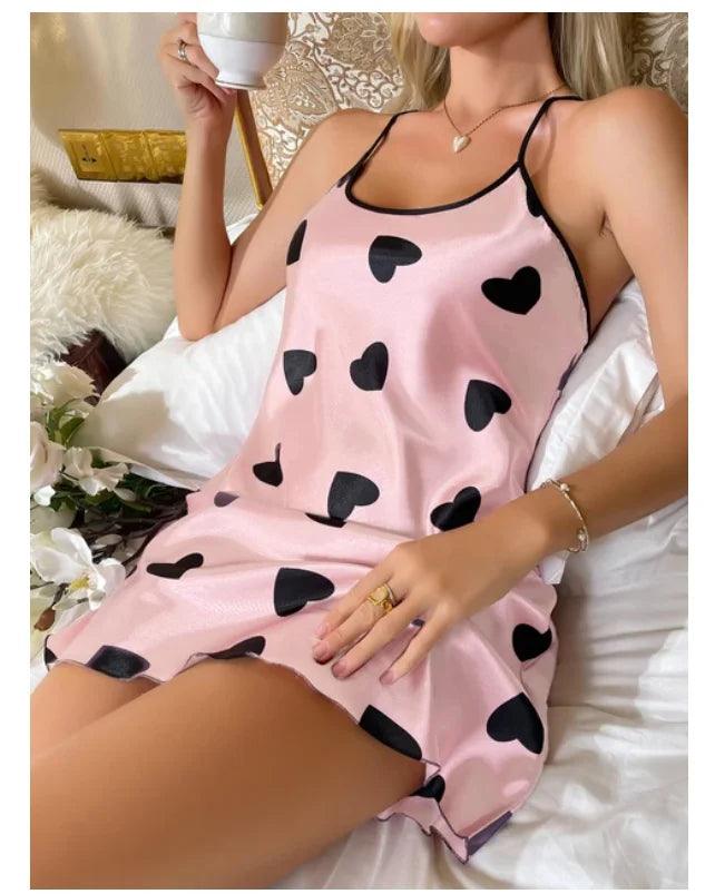 Heart Print Criss-Cross Back Nightdress - Elegant Scoop Neck Sleepwear for Women - JVMCL