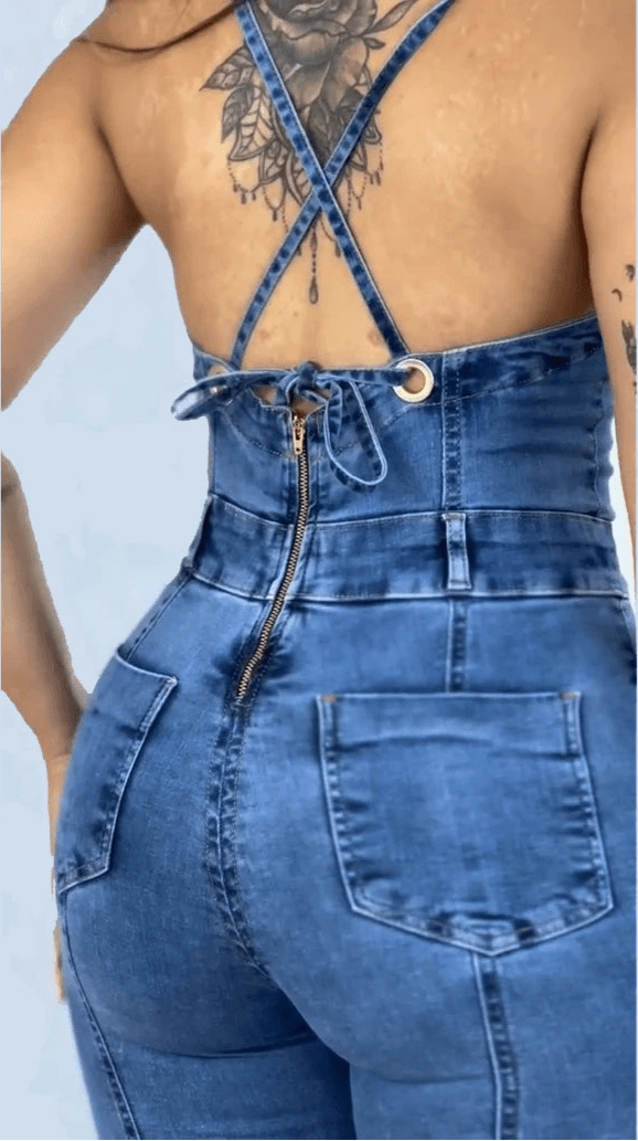 Casual Sleeveless Fashion Backless Heart Cutout Denim Bodycon Jumpsuit for Women - JVMCL