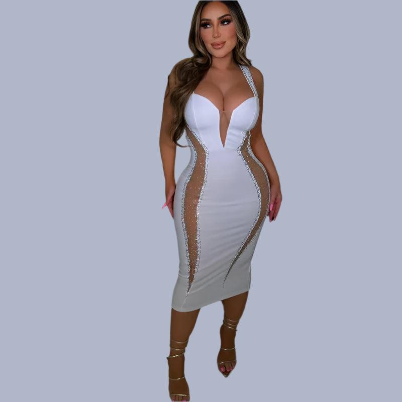 Sexy Spaghetti Strap V-Neck Bandage Bodycon Dress - Elegant Patchwork Midi Dress - JVMCL