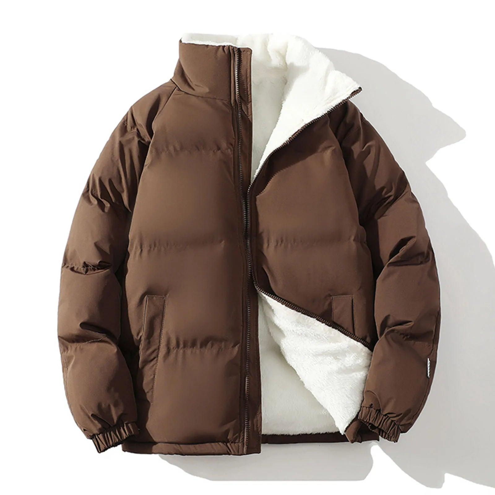 Men's Thick Padded Fleece Jacket: Loose Stand Collar Puffer Coat for Winter Wear - JVMCL