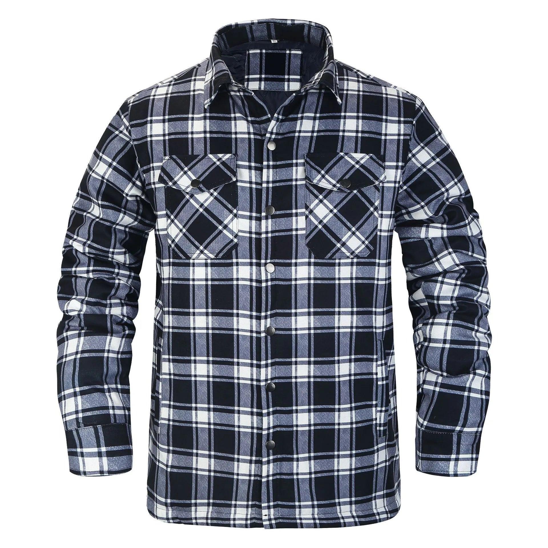 Men’s Plaid Long-Sleeve Winter Jacket – Thick Lapel Bomber Coat for Autumn & Winter - JVMCL