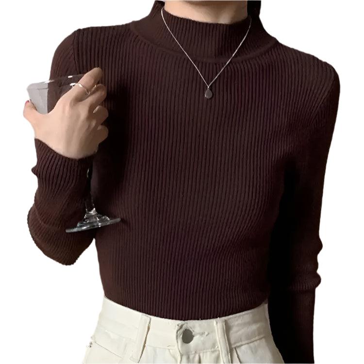 Autumn Winter Mock Neck Women Sweater - Vintage Basic Slim Knitted Casual Pullover - JVMCL