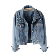 Sleek Style Spring and Autumn Short Denim Beaded Pear Denim Loose Jacket - JVMCL