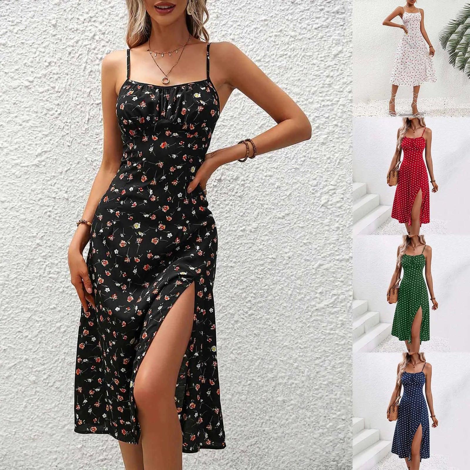 Elegant Red Polka Dot Split Floral Suspender Dress – Beach Party Maxi Dress - JVMCL