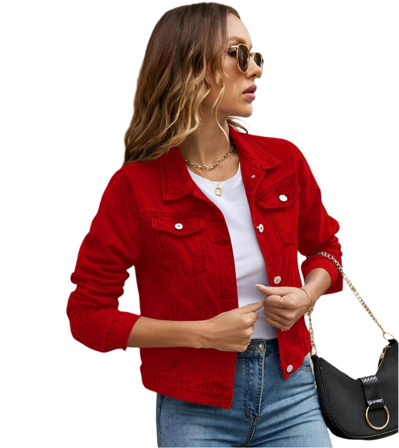 Women's Short Slim Denim Jacket -Casual Fall/Winter Jean Coat with Patch Details - JVMCL