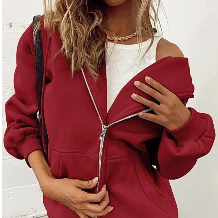 Women's Long Sleeve Solid Zip-Up Sweatshirt - Autumn/Winter Fashion Hoodie - JVMCL