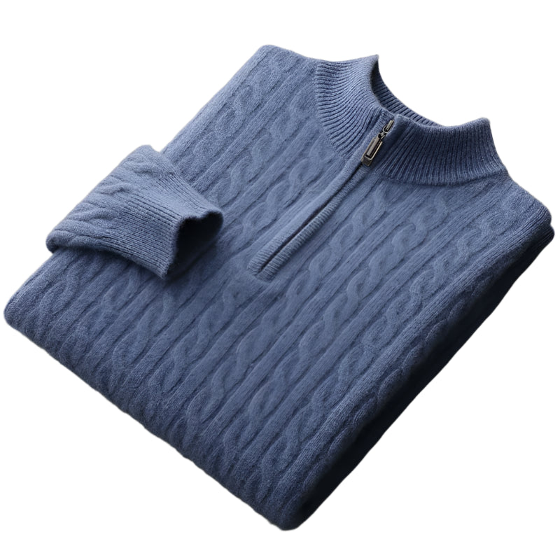 Thick Padded Knit Zipper Collar Pullover Men’s 100% Merino Cashmere Sweater - JVMCL