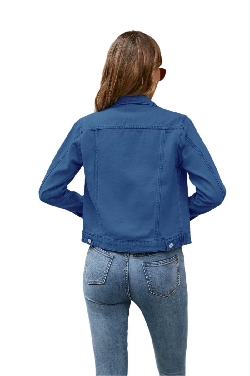 Women's Short Slim Denim Jacket -Casual Fall/Winter Jean Coat with Patch Details - JVMCL