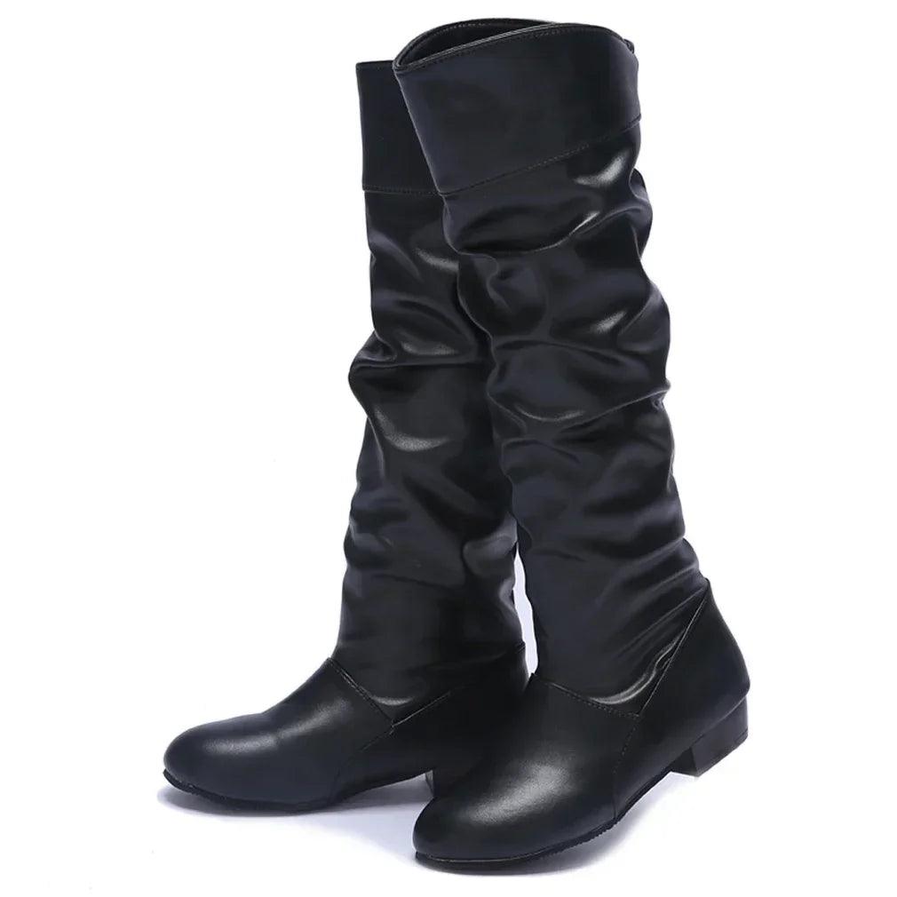 Women's PU Leather Knee-High Boots - Winter Casual Fashion Low-Heel Slim Boots - JVMCL