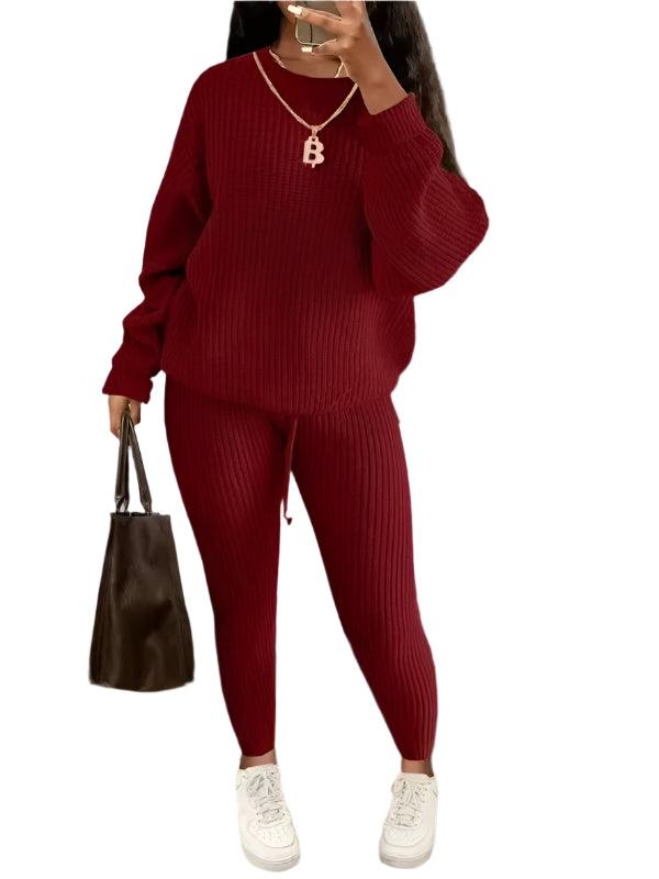 Two Piece Sets Fashion Round Neck Pullover Loose Knitted Sweater Pants Suits - JVMCL