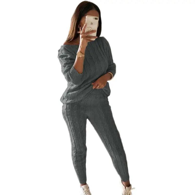 Women's Solid Color Knitted 2-Piece Set - Sweater Top & Pencil Pant - JVMCL