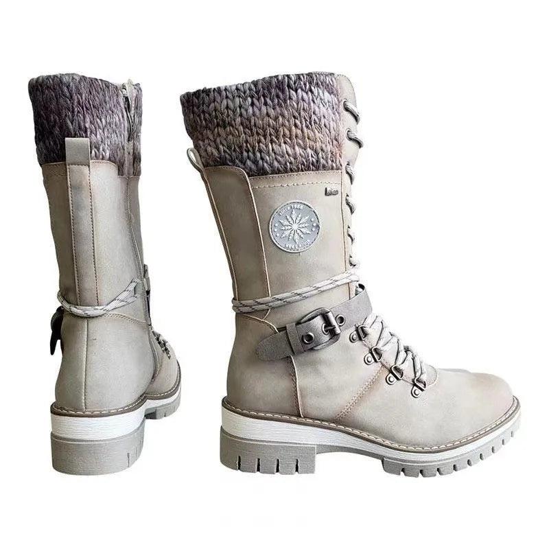 Women’s Winter Buckle Lace Knitted Mid-Calf Boots - JVMCL