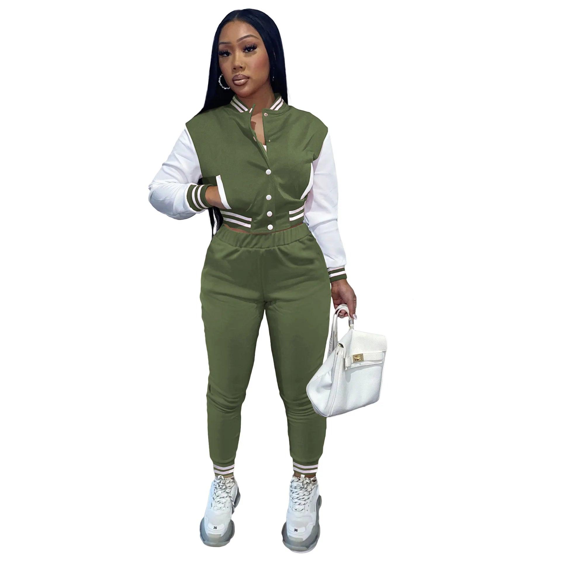 Autumn Two-Piece Women's Sports Suit - Baseball Jacket and Drawstring Pants - JVMCL