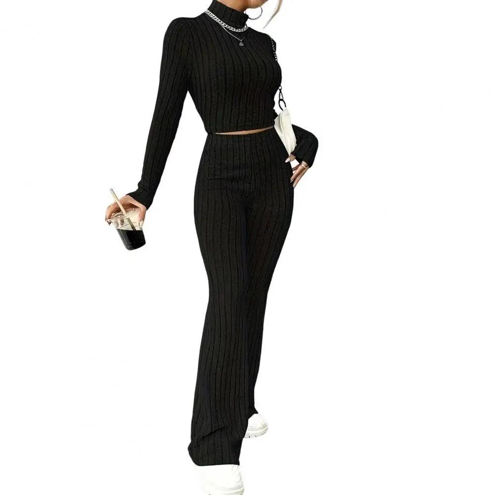 2 Pcs/Set Knitted Cozy andStylish Elegant Half-High Collar & Flare Pants Set - JVMCL