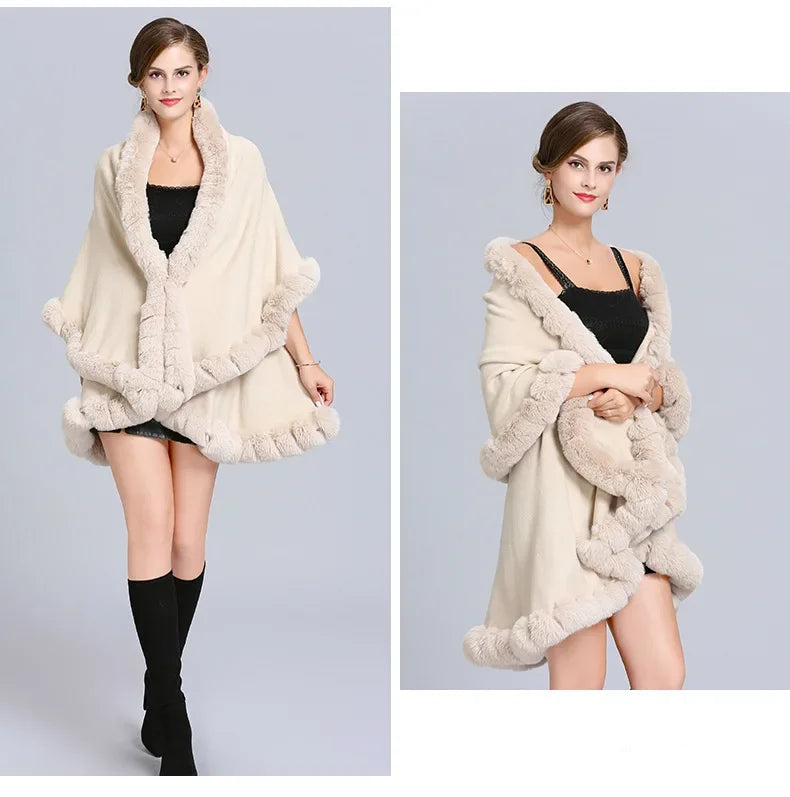 Elegant Outstreet Faux Fox Fur Collar Two-Layer Poncho Cape Cardigan Coat - JVMCL