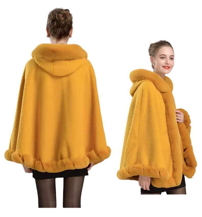 Luxury Winter Rabbit Fur Collar Poncho Cape – Elegant & Cozy Outstreet Mantle - JVMCL