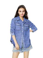 Vintage Oversize Button-Up Denim Shirt – Casual Long Sleeve Jean Blouse - JVMCL