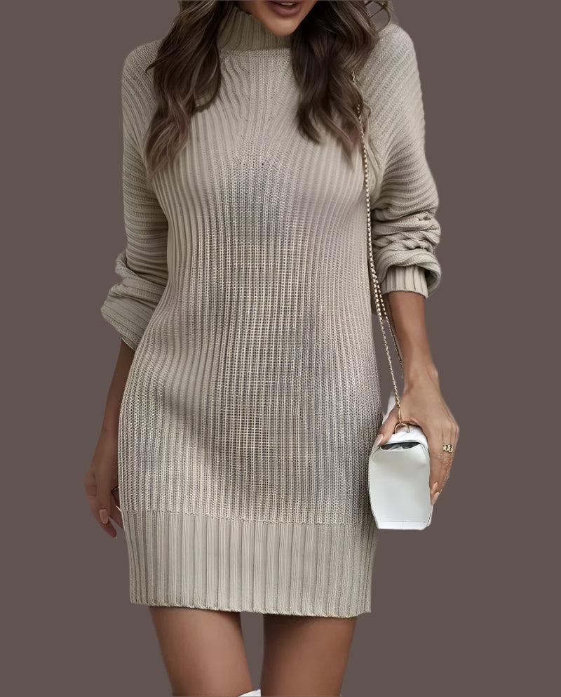 Elegant Solid Color Pit-stripe Turtleneck Long Sleeve Knitted Sweater Dresses - JVMCL