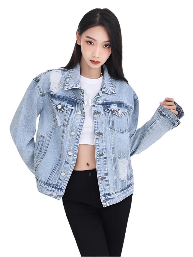 Women's Floral Embroidery Hole Denim Jacket-High Street Slim Fit Short Jean Coat - JVMCL