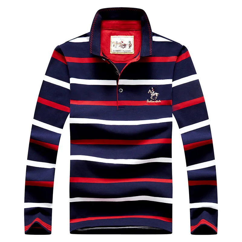 Men’s Cotton Long-Sleeve Striped Polo Shirt – Casual Business Fashion Sweater