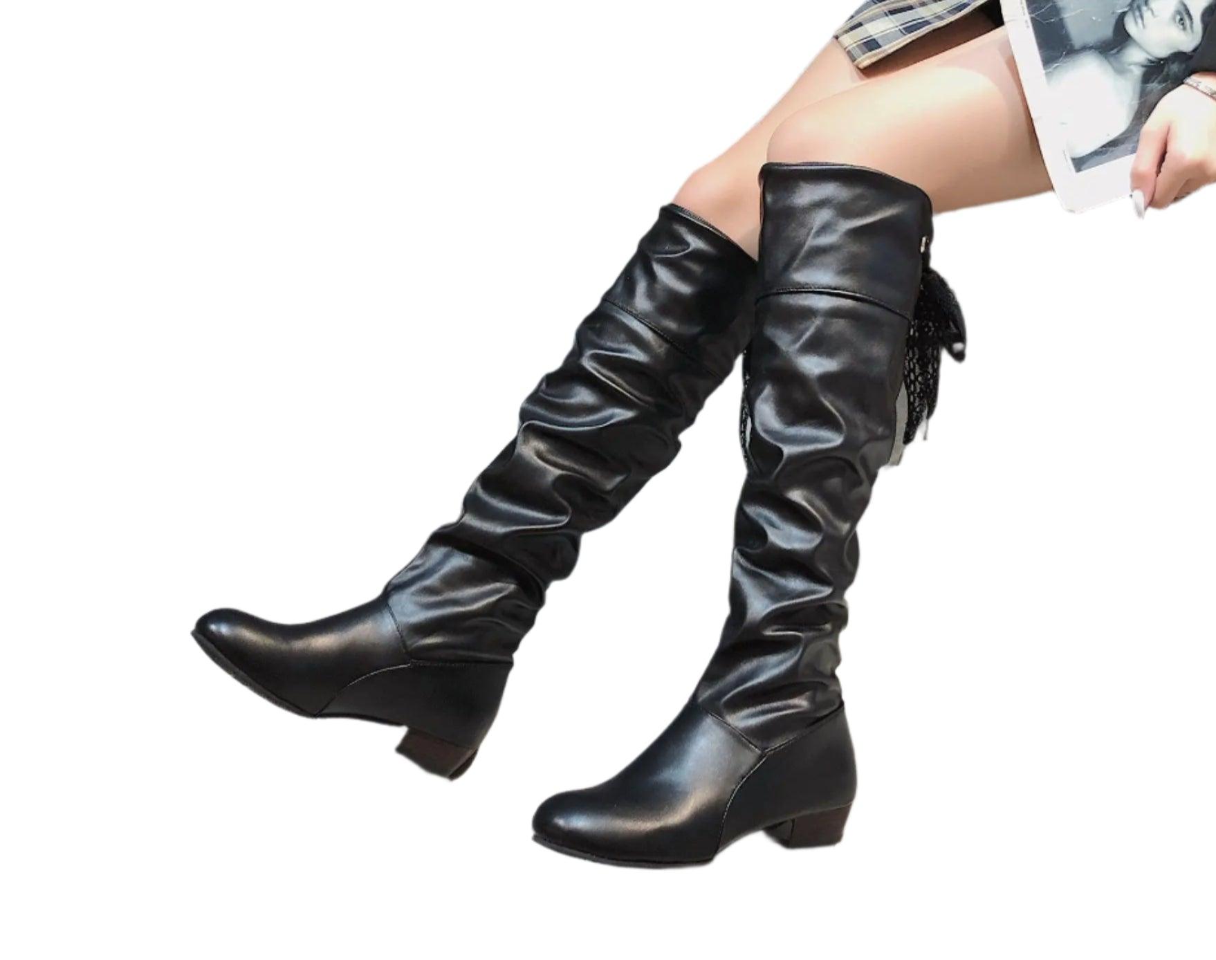 Knee-Length Pleated Low Heel Leather Spring/Winter All-Weather Women's Boots - JVMCL