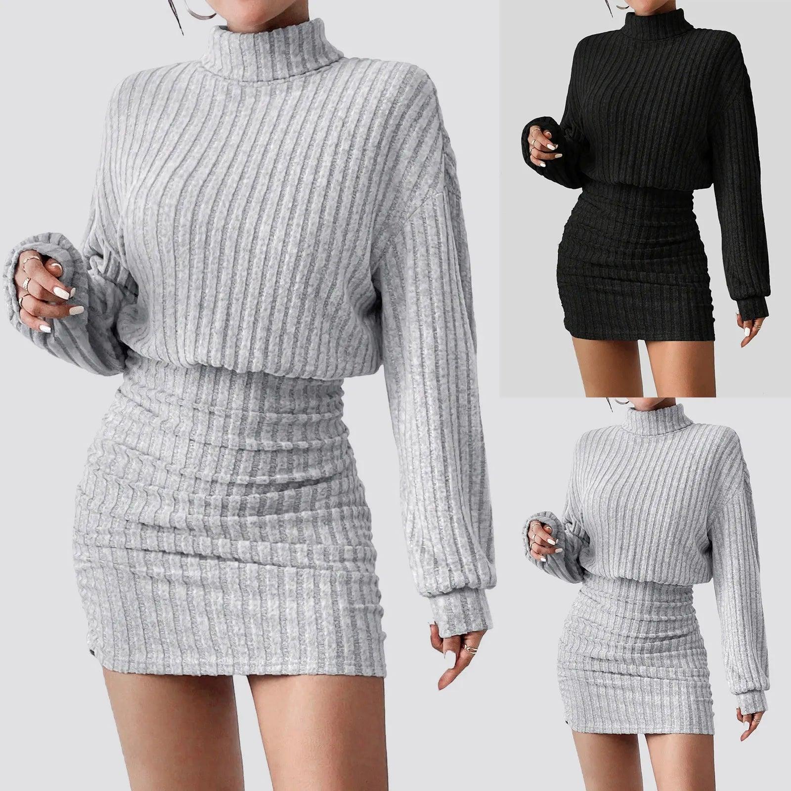 Casual Bodycon Women’s Long Sleeve Ribbed Knit Turtleneck Mini Sweater Dress - JVMCL