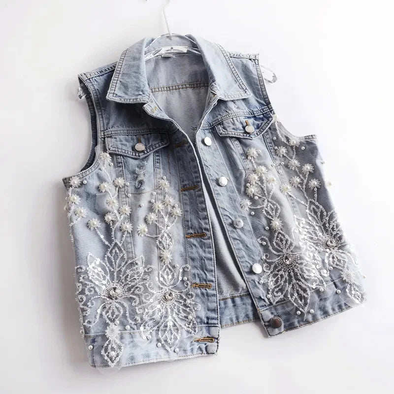 Ripped Pearl Denim Vest –  Casual Streetwear Trendy Sleeveless Waistcoat