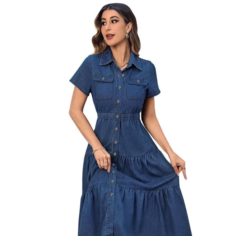 Short Sleeves Turn-Down Neckline Women’s High-Quality Denim Hollow-Out Dress - JVMCL