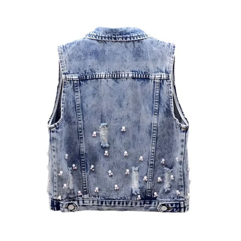 Women’s Ripped Pearl Beaded Denim Vest – Trendy Streetwear for Spring & Summer