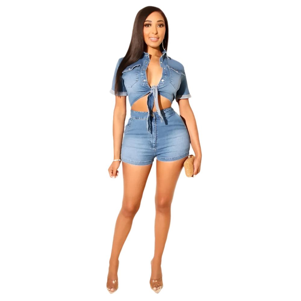 Turndown Collar Fashion Bandage Denim Two-Piece Set - Crop Top and Shorts - JVMCL