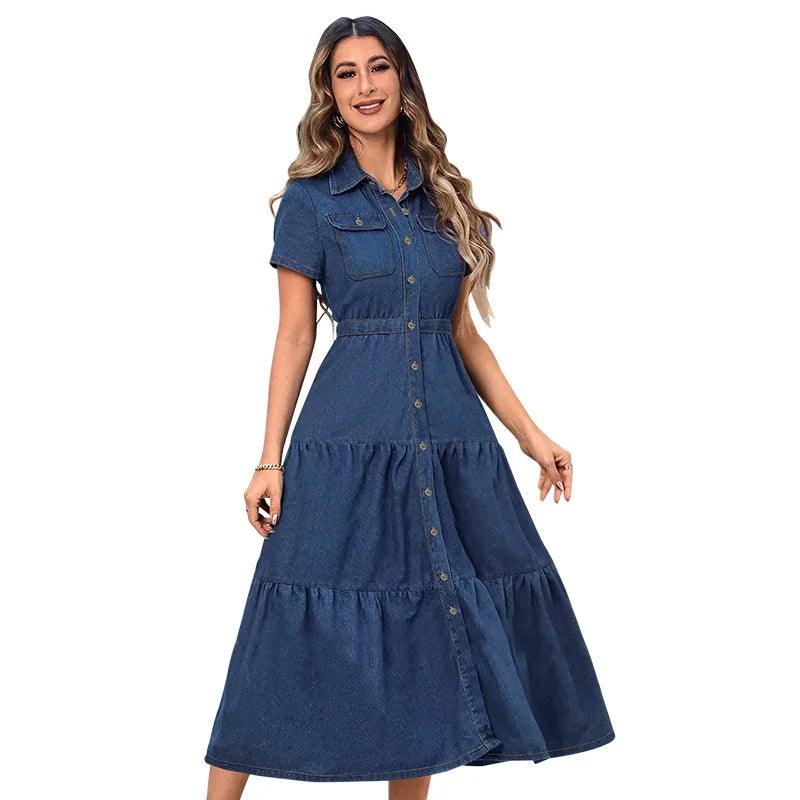 Short Sleeves Turn-Down Neckline Women’s High-Quality Denim Hollow-Out Dress - JVMCL