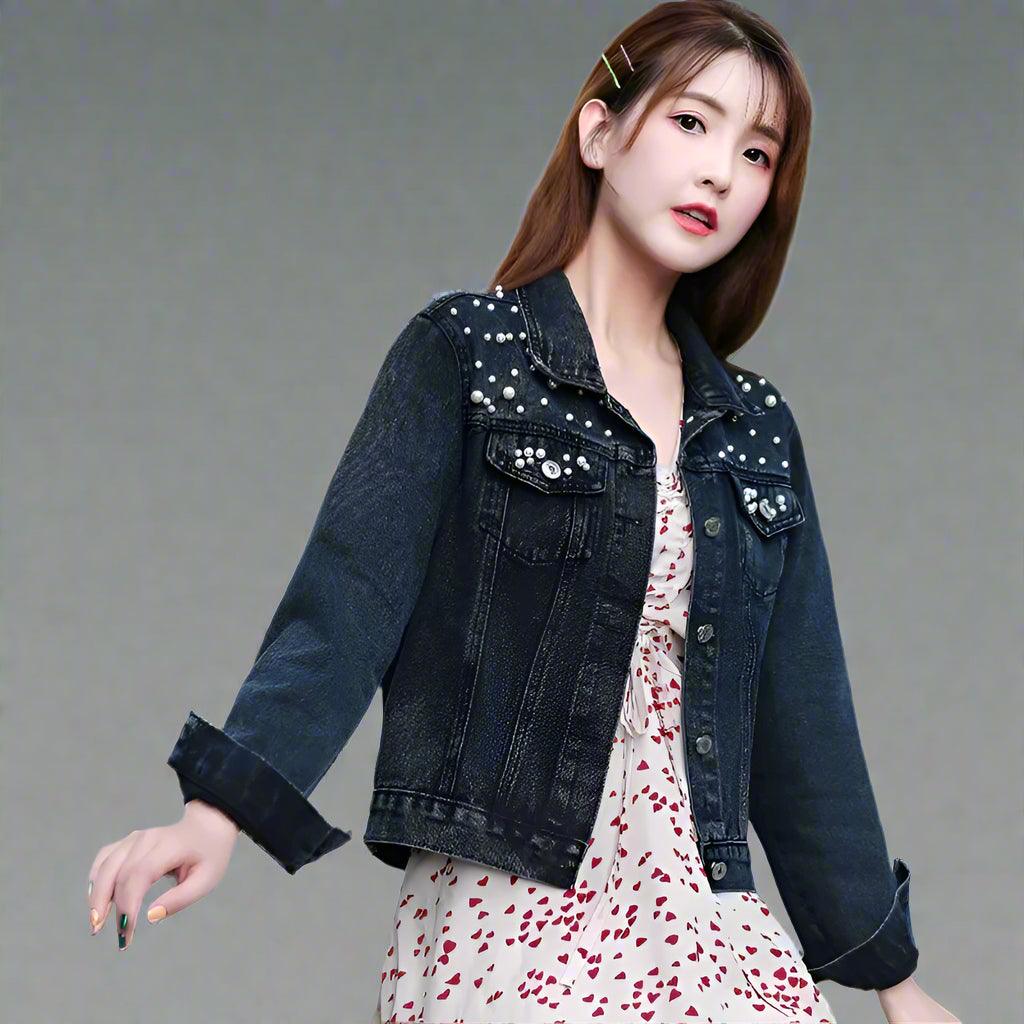 Sleek Style Spring and Autumn Short Denim Beaded Pear Denim Loose Jacket - JVMCL