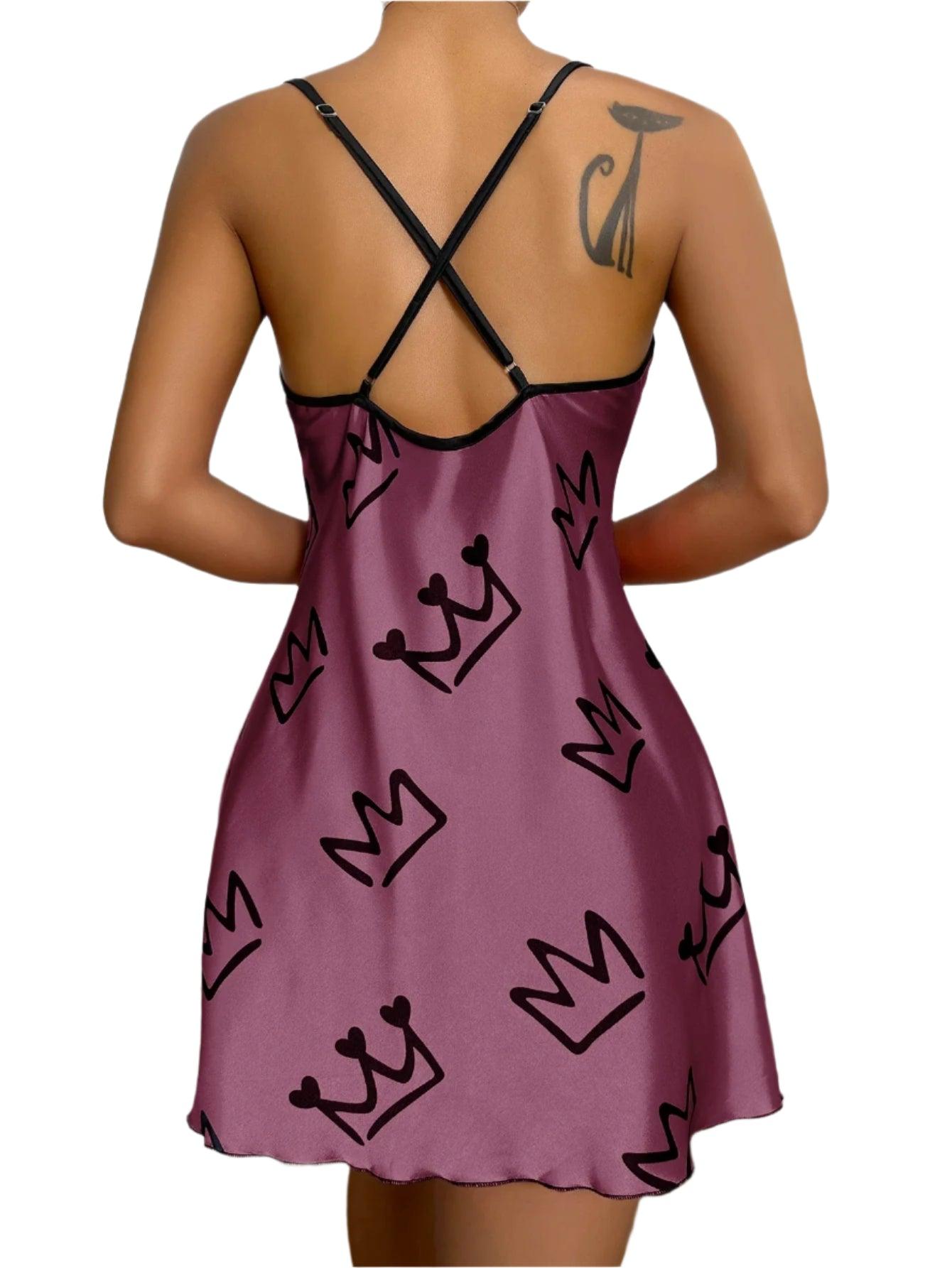 Heart Print Criss-Cross Back Nightdress - Elegant Scoop Neck Sleepwear for Women - JVMCL