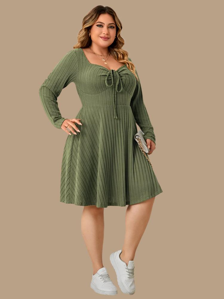 Long Sleeve Ribbed Plus Size Sweetheart Neck Knot Front A-Line Dress - JVMCL