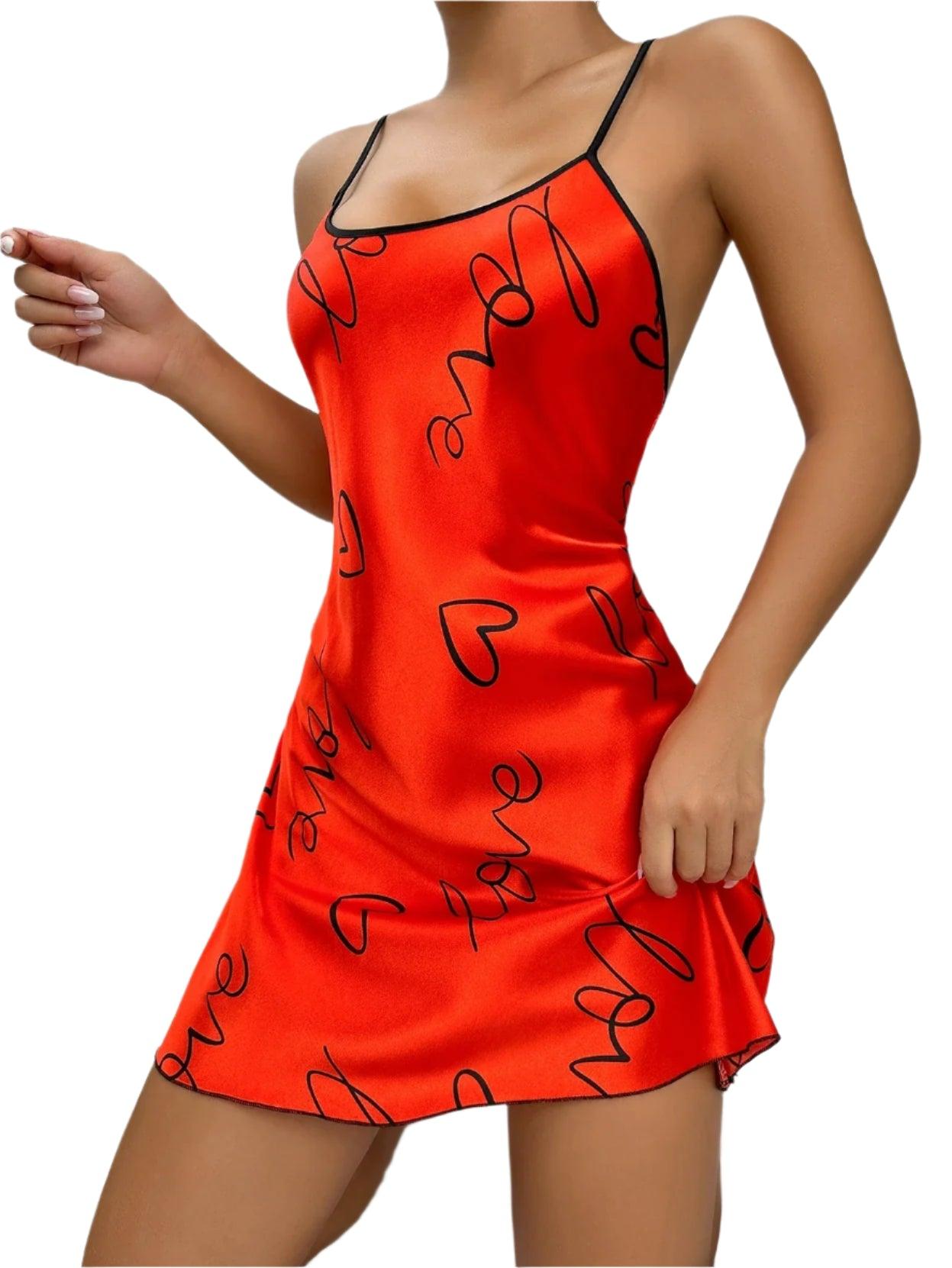 Heart Print Criss-Cross Back Nightdress - Elegant Scoop Neck Sleepwear - JVMCL