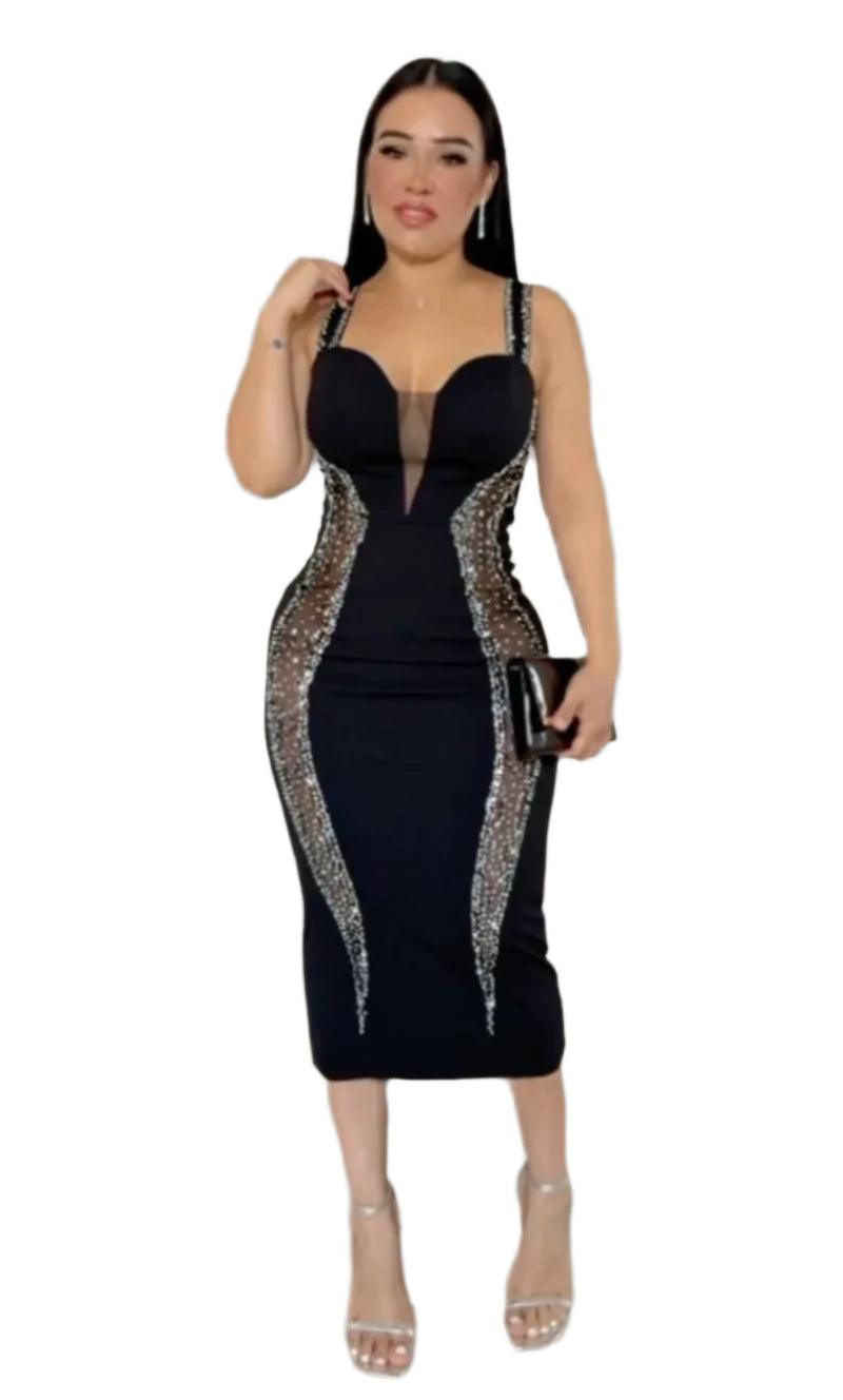 Sexy Spaghetti Strap V-Neck Bandage Bodycon Dress - Elegant Patchwork Midi Dress - JVMCL