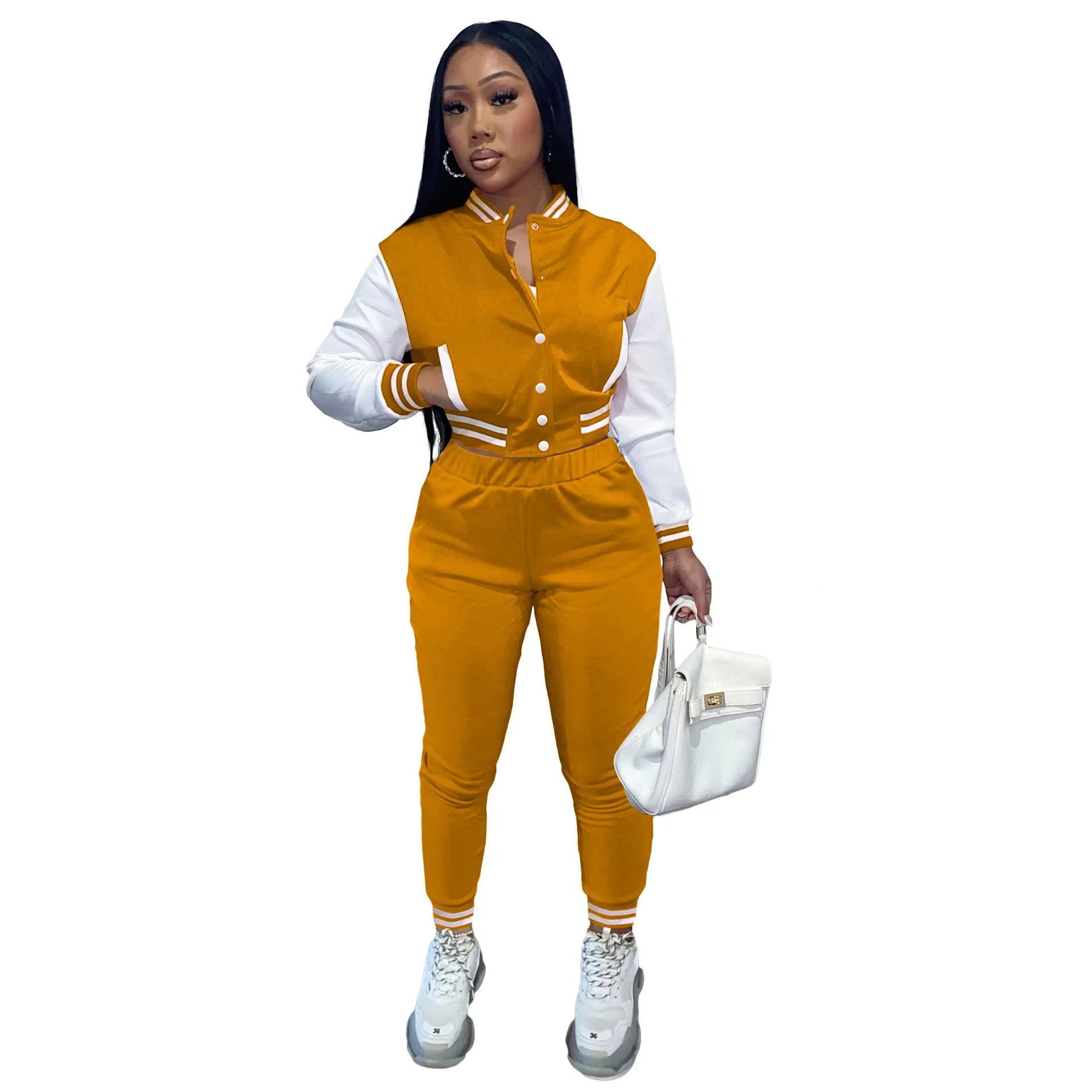 Color-Blocking Women's Two-Piece Baseball Jacket Suit - Casual Splicing Design - JVMCL