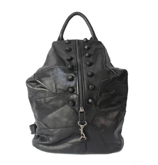 Women's Genuine Leather Backpack –Vintage Bucket Schoolbag with Patchwork Design - JVMCL