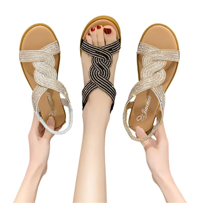 Fashion Flat Round Toe Heel Diamond Decoration Slip on Size 35-40 Women Sandals - JVMCL