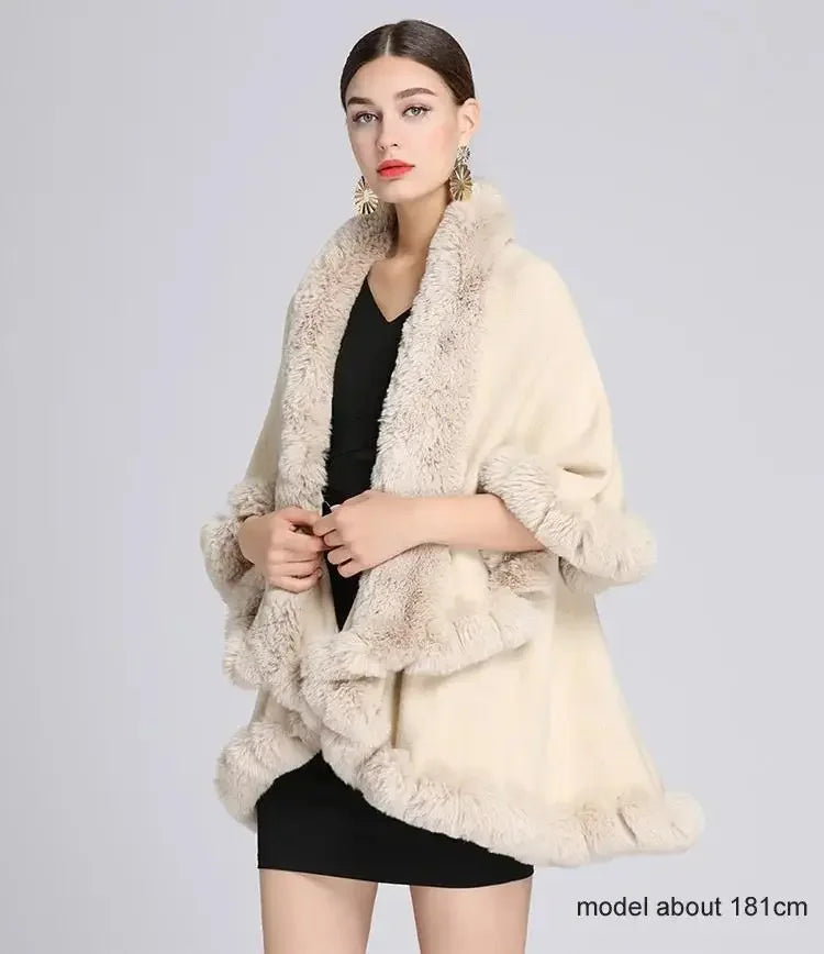 Women's Winter Knitted Poncho Cloak – Faux Rex Rabbit Fur Collar Pashmina Wrap