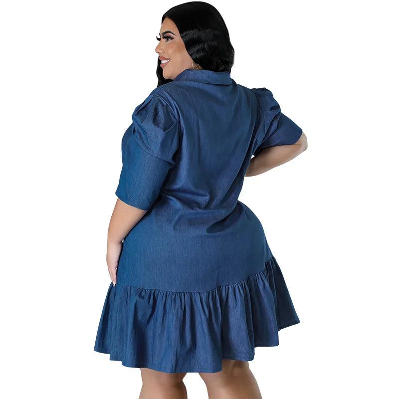 Plus Size Women’s Loose Casual Lapel Neck Short Sleeve Denim Mini Dress 3XL-5XL - JVMCL