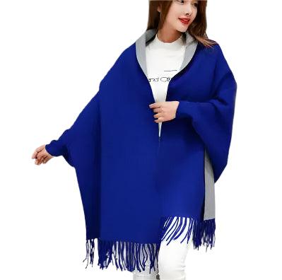 Autumn Winter Fashion Lady Tassel Knitted Shawl Sweater Women Solid Tassel Batwing Sleeve Poncho Cardigan wrap swing - JVMCL