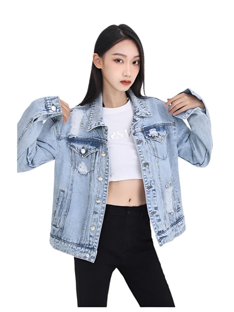 Women's Floral Embroidery Hole Denim Jacket-High Street Slim Fit Short Jean Coat - JVMCL