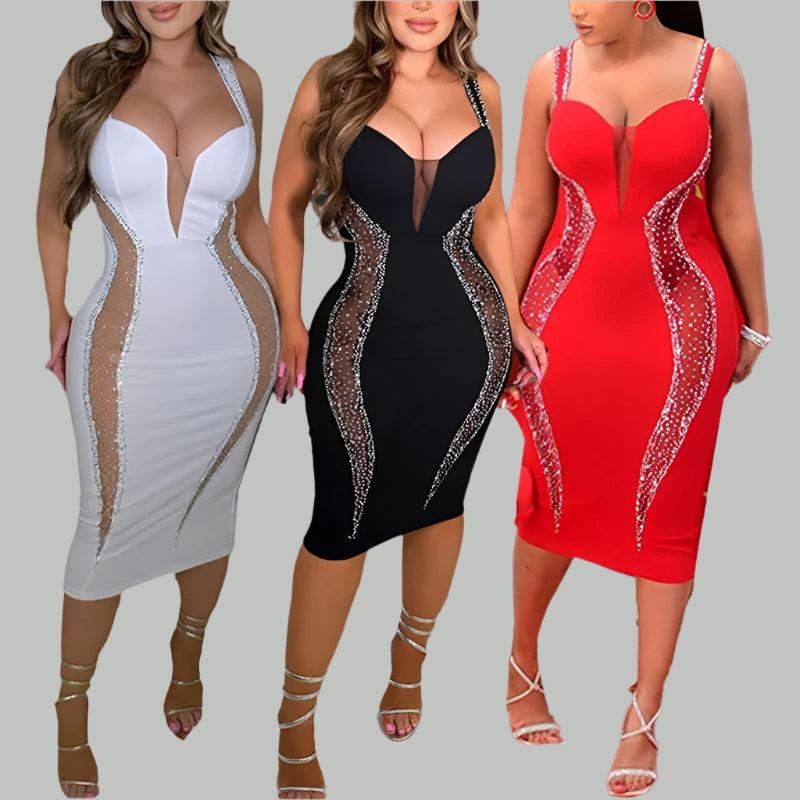 Sexy Spaghetti Strap V-Neck Bandage Bodycon Dress - Elegant Patchwork Midi Dress - JVMCL