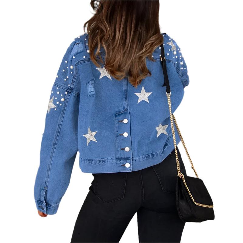 Vintage Casual Women's Bead Button Splicing Denim Jacket with Split Back Hem - JVMCL