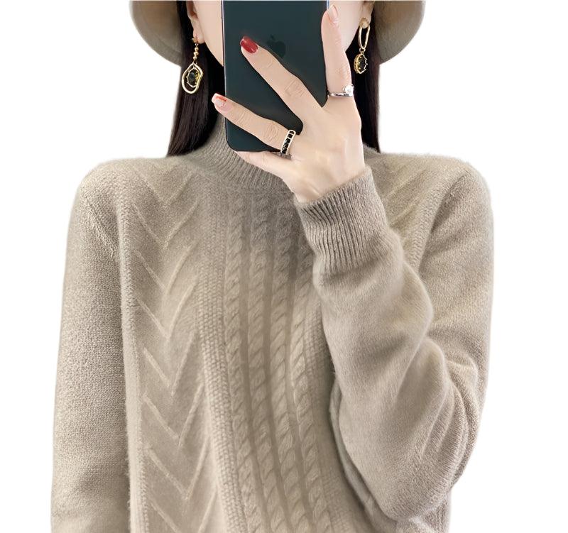 Long-Sleeved -High-Necked Twisted Knit Wool Pullover Sweater for Autumn/Winter - JVMCL