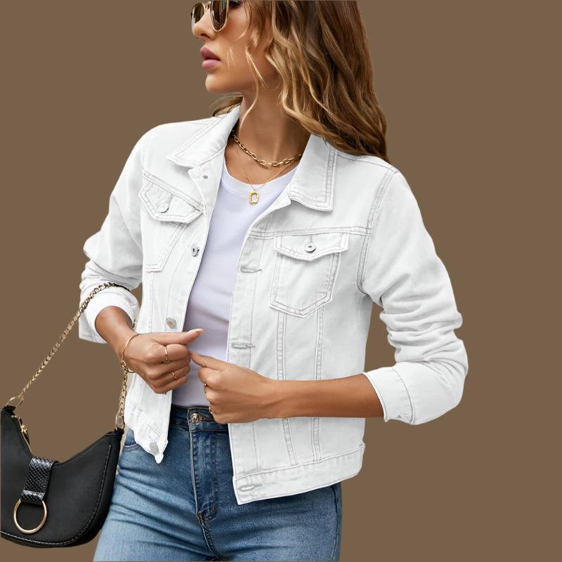 Women's Short Slim Denim Jacket -Casual Fall/Winter Jean Coat with Patch Details - JVMCL